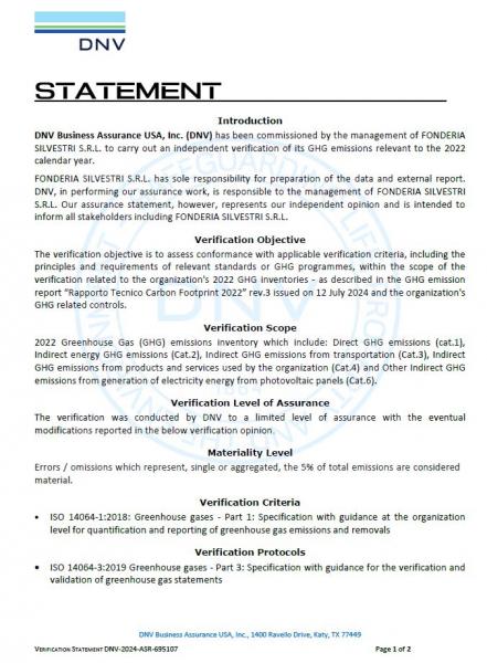DNV GHG emissions certificate